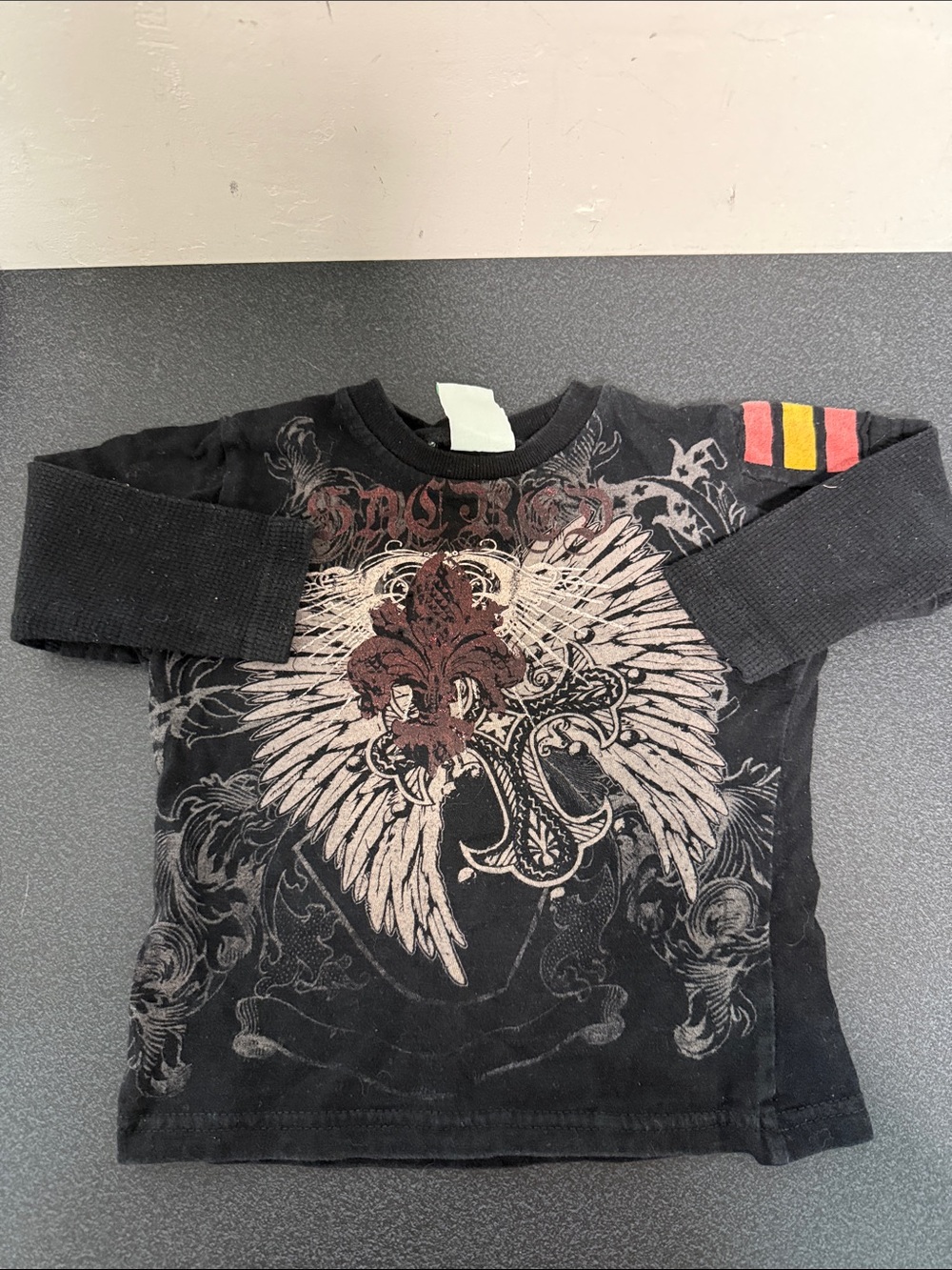 Black Graphic Winged Fleur-de-Lis Kids Long Sleeve Shirt Y2K